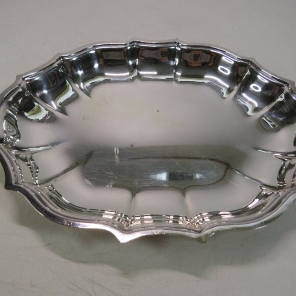 Small Metal Silver Plated Chrome Tray Scalloped Rim w hand knit Spring Eggs